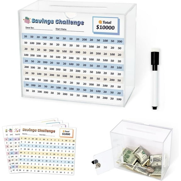 Clear Money Saving Box with Lock and Key, Reusable 10k Savings Challenge Box with Targets from 10,000 to 200,Openable Piggy Bank for Adults; Suitable as a Tip Jar or Donation Jar(Small)