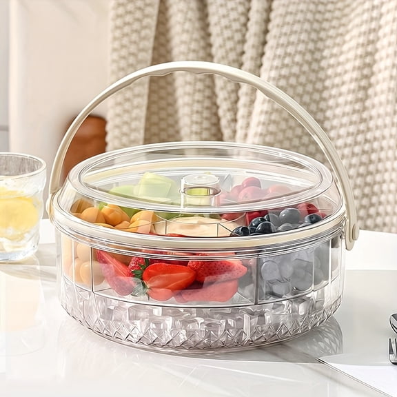 Clear Multi-Section Vegetable and Snack Serving Tray with Lid, Integrated Dip Compartment and Rotating Base, Portable Chilled Container for Parties, Catering and Outdoor Events
