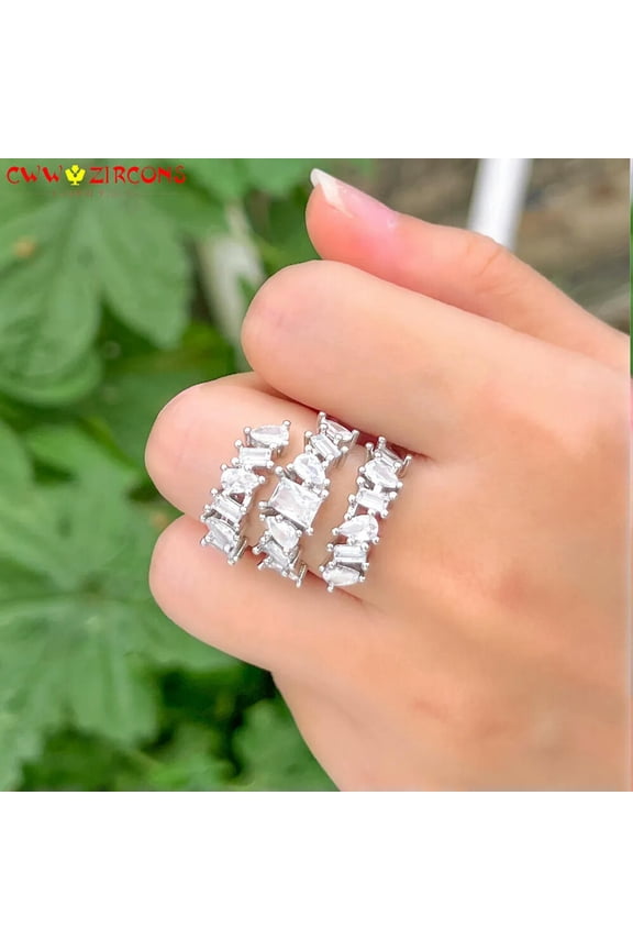 Clear Multiple CZ Silver Plated White Geometric Cocktail Party Adjustable Ring