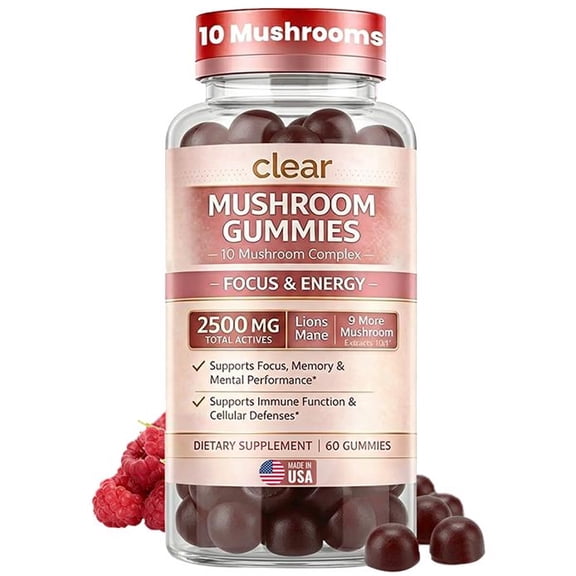 Clear Mushroom Gummies, Lions Mane, Reishi, Cordyceps, Chaga 10:1 Extract (Raspberry Flavor) - 2500mg 10 Mushroom Focus Gummies for Brain Health, Memory, Calm Energy, 3rd Party Tested, Made in USA
