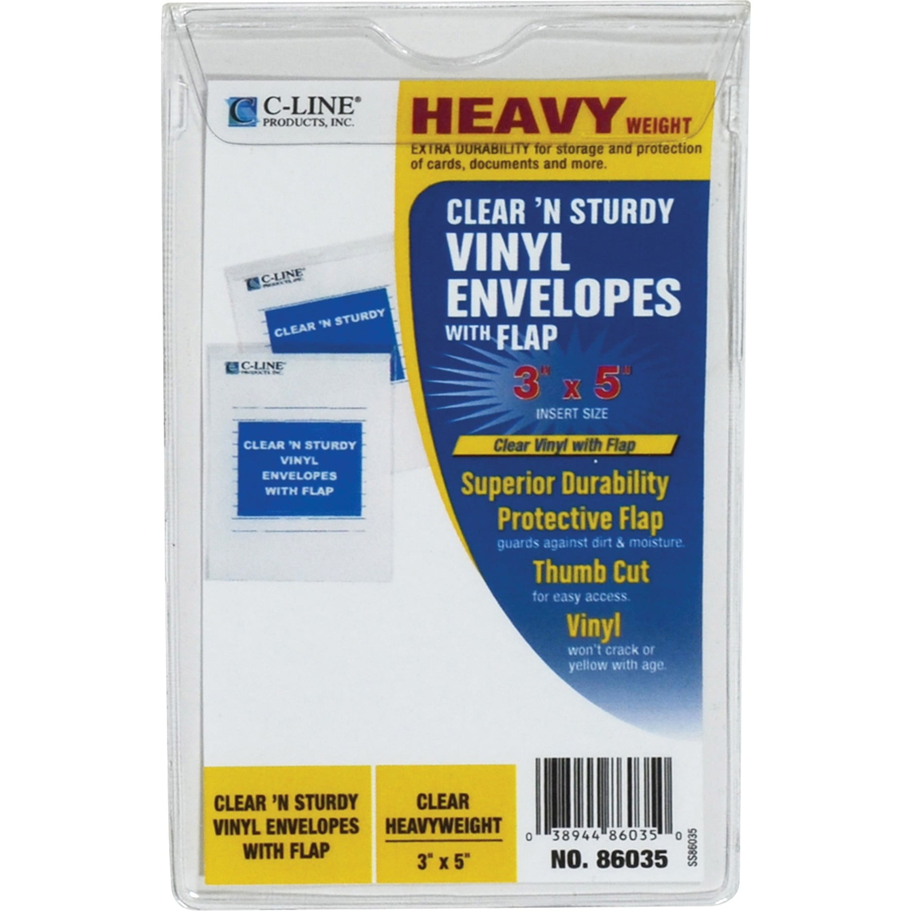 Clear 'N Sturdy Vinyl Envelopes with Flap, 3 x 5, 1/EA