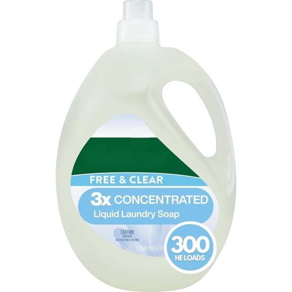 Clear Natural 3X Concentrated Liquid Laundry Detergent, 300 Loads, Plant-Based, Hypoallergenic, Removes Stains & Fights Odors, Dye Free, Unscented