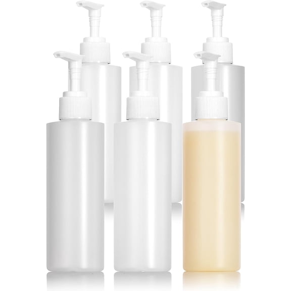 Clear Natural Large Refillable Plastic Squeeze Bottle with White Pump Dispenser 8 oz - (6 Pack)