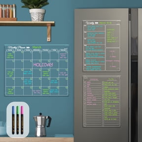 Clear Non-Magnetic Calendar Set for Fridge - Dry Erase Transparent Monthly, Weekly Calendar and List Board - Sticks to Wall, Glass, Door, Any Smooth