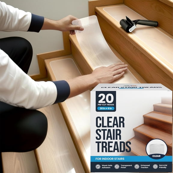 Clear Non Slip Stair Treads for Wooden Steps Indoor (20 Pack) - 30 x 6 Wide Transparent Peel and Stick Stair Treads Non Slip, Indoor Safety Strips for Wood Stairs, Stair Grips for Elderly and Pets