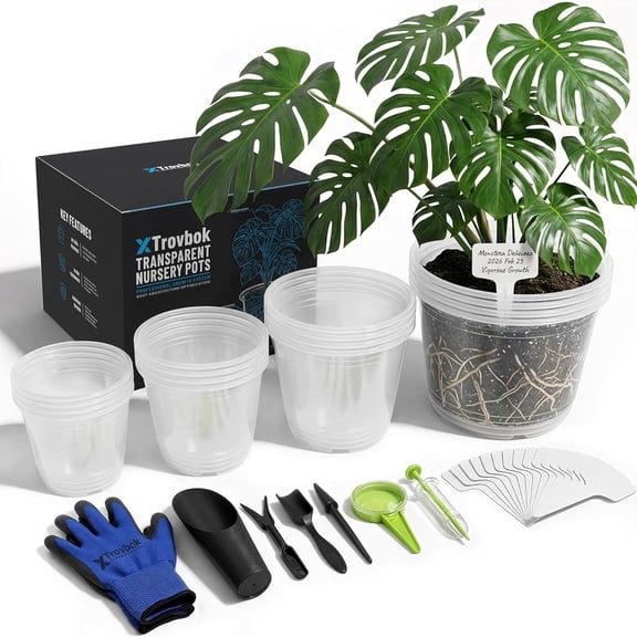 Clear Nursery Pots with Drainage (5.1", 5.9", 7.1", 9.4"), 16 Plastic Planters & Cache Pot Liners for 5, 6, 7, 10 Inch Indoor Decorative Planters & Botanical Propagation Kit
