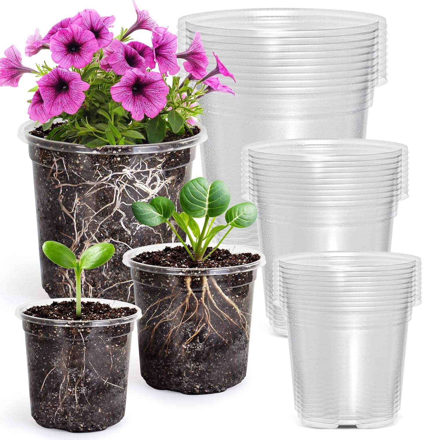 Clear Nursery Pots with Drainage Holes, 30 Pack 5/4/3.5 Inch Reinforced Transparent Plastic Seed Starter Pots, for Indoor Outdoor Gardening Seedling Planter