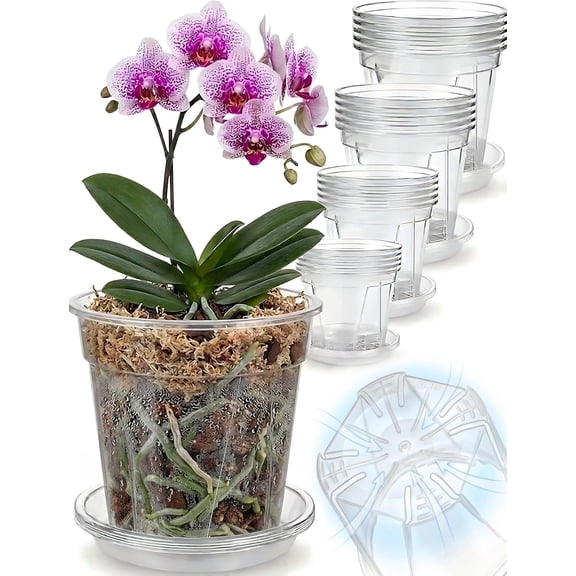 Clear Nursery Pots with Drainage: Stop Root Rot via Side-Bottom Vents & 1-Second Root Check - Heavy Duty Plastic Pots for Indoor Repotting, Orchids & Aroids (20 Pack with Saucers, 4-6 Inch)