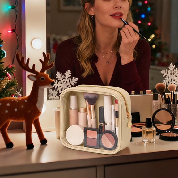 Clear Nylon Makeup Bag for Women Gifts Preppy Cosmetic Bag PVC Travel Toiletry Zipper Pouch Waterproof Storage Organizer Pouch for Women （Beige）