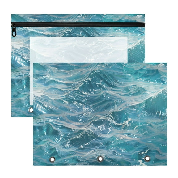 Clear Ocean Wave 3-Ring Binder Pouches A4 Size Zipper Pocket File Storage 2 Packs