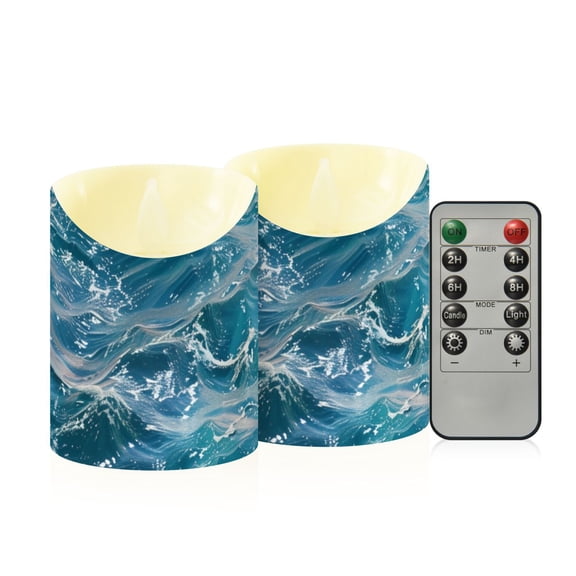 Clear Ocean Wave Flickering Flameless Candles with Remote Timer Battery Operated LED Tealight Set of 2 M