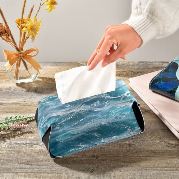 Clear Ocean Wave Leather Tissue Box Cover Rectangle Tissue Holder Foldable