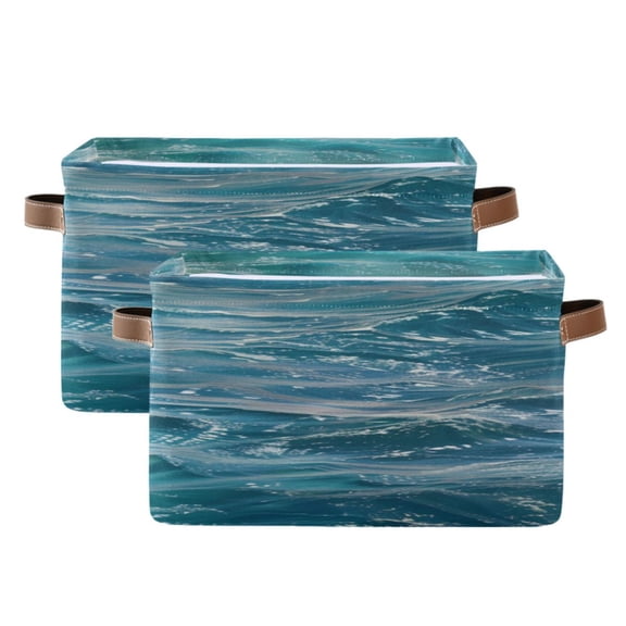 Clear Ocean Wave Square Storage Bins with Handles Collapsible Containing Box 2 Packs