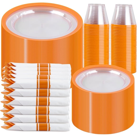 Clear Orange Disposable Plates Set for 50 Guests Includes 10 Inch Dinner Plates 7 Inch Dessert Plates 50 Cups 50 Napkins and Cutlery