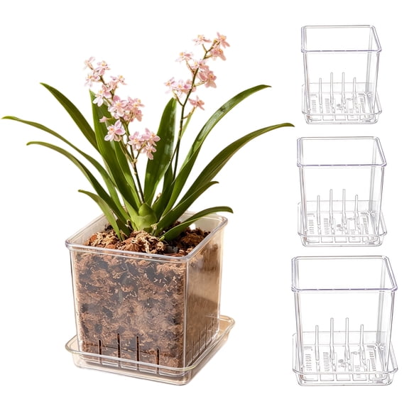 Clear Orchid Planter with Saucer, Square Plant Pot with Drainage Holes, Transparent Flowerpot for Phalaenopsis, Seedings