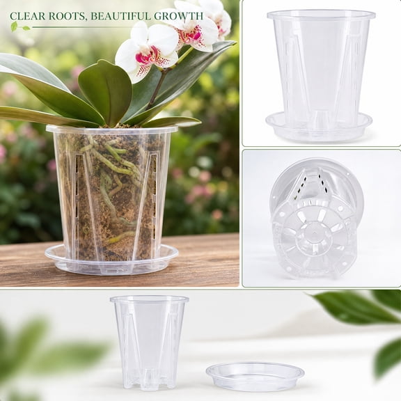 Clear Orchid Pot, Plastic Planter with Saucer Slotted Phalaenopsis Container for Indoor Balcony Greenhouse Moss Plant, Style B, 5.5 Inch Open Diameter