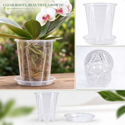 Clear Orchid Pot with Drainage, 5.5-Inch Transparent Plastic Planter for Phalaenopsis, Root Visibility, Includes Tray