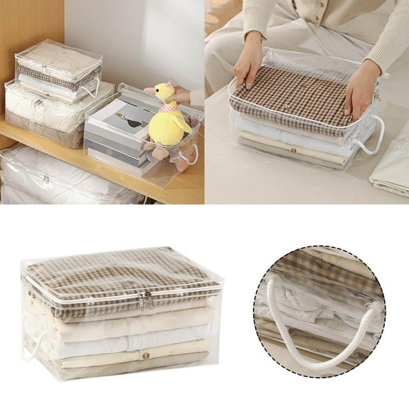 Clear Organizer Bag with Handle, 12 x 9 Inch Clear Storage Bag for Sweater, Bed Sheet, Blanket, Foldable Storage Pouch for Closet, Linen, Travel, Home Organization, Laundry, Dorm Room
