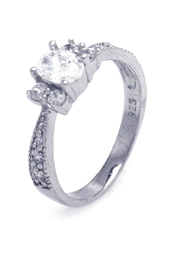 Clear Oval Center Pave Sides Cubic Zirconia Engagement Ring Rhodium Plated Sterling Silver Size 6