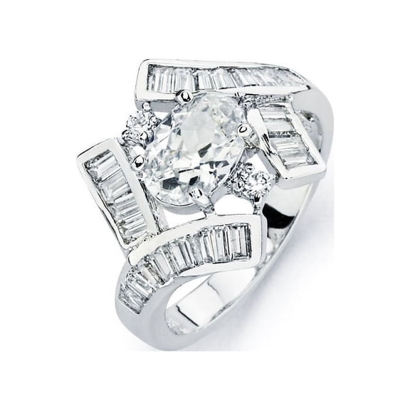 Clear Oval Cubic Zirconia Center Overlap Bridge Ring Rhodium Plated Sterling Silver Size 7