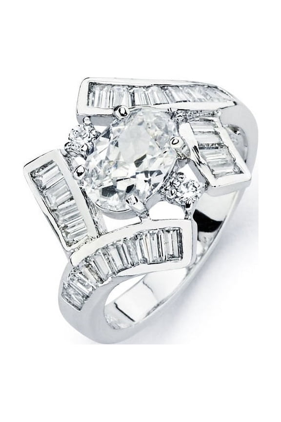 Clear Oval Cubic Zirconia Center Overlap Bridge Ring Rhodium Plated Sterling Silver Size 7