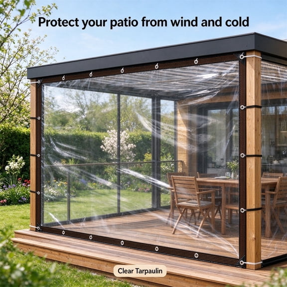Clear PE Tarp, 8x10 ft Transparent Waterproof Windproof Patio Curtain with Reinforced Grommets & Cords, Outdoor Enclosure for Pergola, Porch, Garden