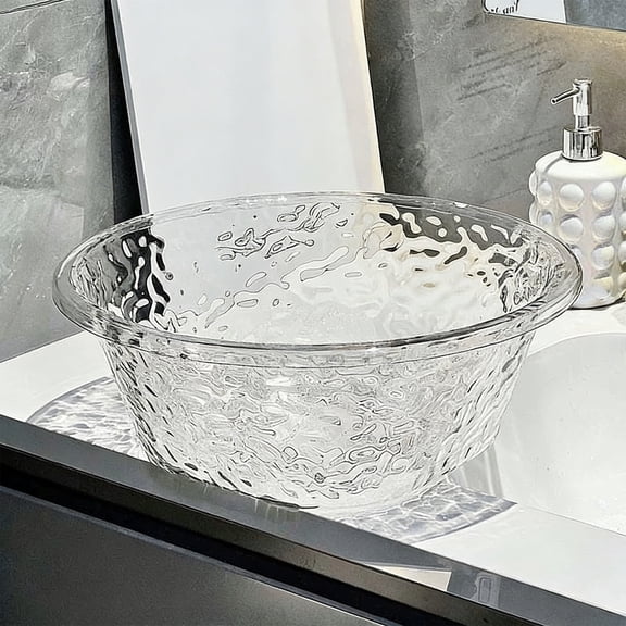 Clear PET Thickened Round Wash Basin Large Plastic Laundry Tub with Glacier Pattern, Stackable and Hangable for Household Use