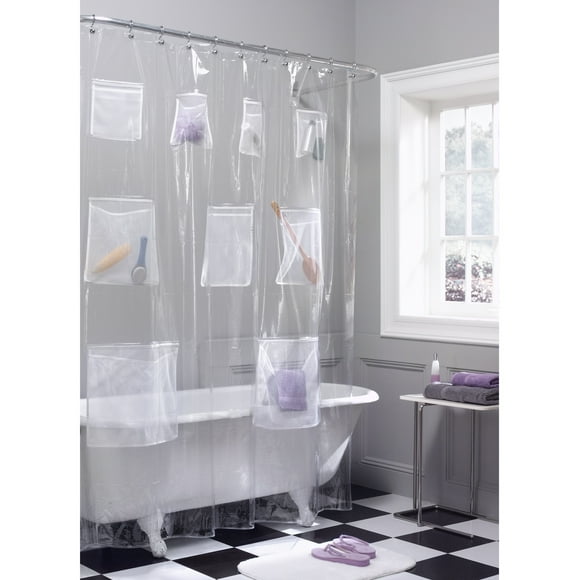 Clear PEVA Shower Curtain with 9 Mesh Storage Pockets, 70" x 72", Zenna Home Mesh Pockets