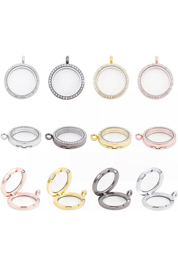 Clear PH Rhinestone Photo Charm 4pcs 1.1" Round Double-Sided Picture Frame Memory Locket Charm for Wedding Bridal Bouquet Keychain Jewelry Making 4 Colors