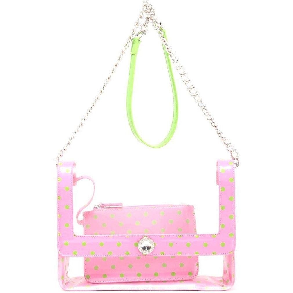 Clear PU Cross Body Shoulder Bag for Game Day Chrissy Aurora Pink & Lime  green by SCORE! The Official Game Day Bag Two Piece Set 