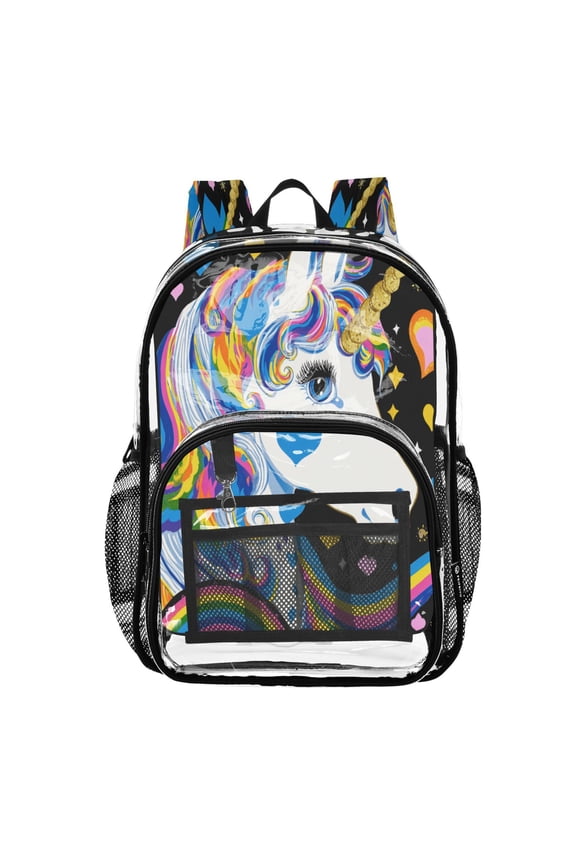 Clear PVC Backpack 12L Transparent Shoulder Bag with Mesh Pockets 80s-inspired Unicorn
