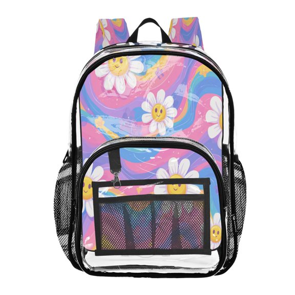 Clear PVC Backpack 12L Transparent Shoulder Bag with Mesh Pockets Adorable Daisies