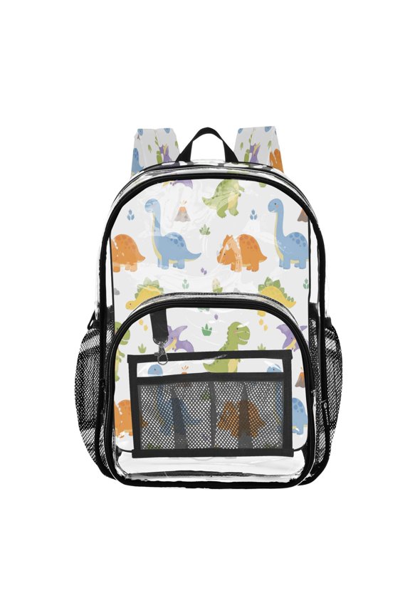Clear PVC Backpack 12L Transparent Shoulder Bag with Mesh Pockets Adorable Dinosaur Nursery