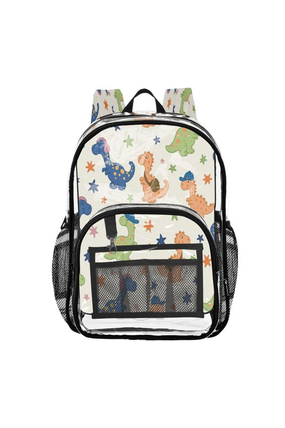 Clear PVC Backpack 12L Transparent Shoulder Bag with Mesh Pockets Animated Dinosaur