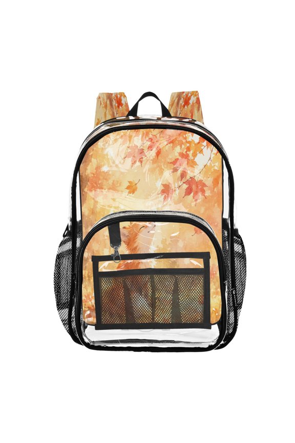 Clear PVC Backpack 12L Transparent Shoulder Bag with Mesh Pockets Autumn Fox Maple Pattern