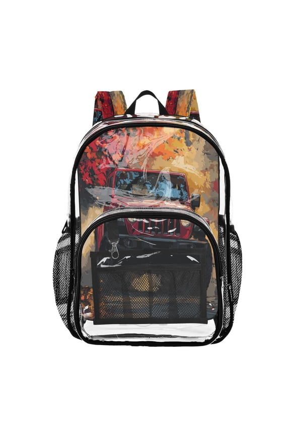 Clear PVC Backpack 12L Transparent Shoulder Bag with Mesh Pockets Autumn Trail Red Off-road Jeep