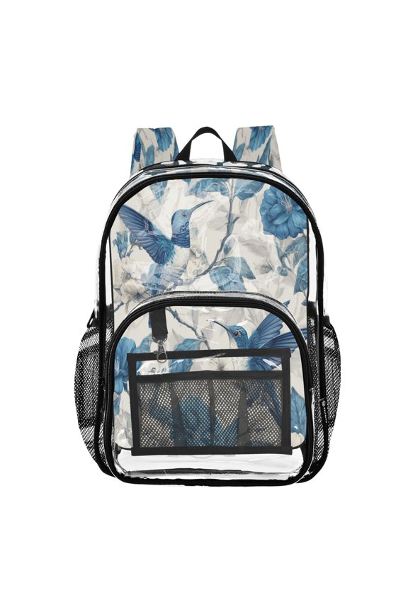 Clear PVC Backpack 12L Transparent Shoulder Bag with Mesh Pockets Birds in Shades Of Blue