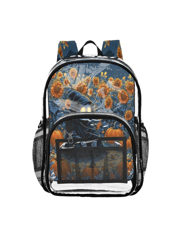 Clear PVC Backpack 12L Transparent Shoulder Bag with Mesh Pockets Black-robed Skeleton