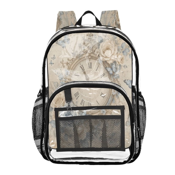 Clear PVC Backpack 12L Transparent Shoulder Bag with Mesh Pockets Blue Butterfly Rose Clock