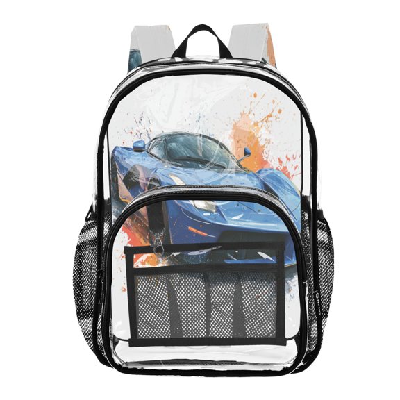 Clear PVC Backpack 12L Transparent Shoulder Bag with Mesh Pockets Blue Car Splash Art