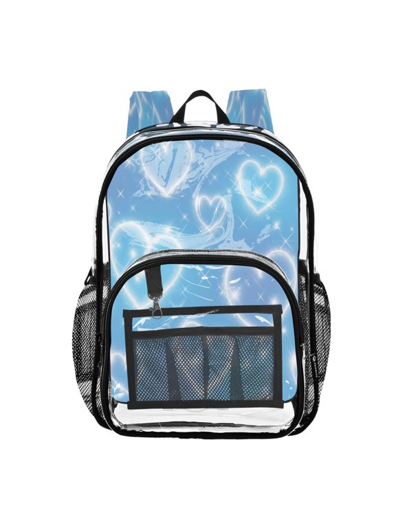 Clear PVC Backpack 12L Transparent Shoulder Bag with Mesh Pockets Blue Diamond Heart Shower
