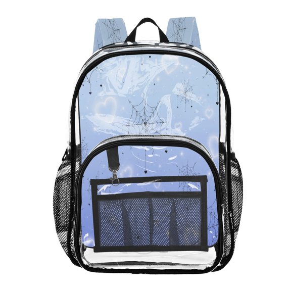 Clear PVC Backpack 12L Transparent Shoulder Bag with Mesh Pockets Blue Heart Spider Web Print