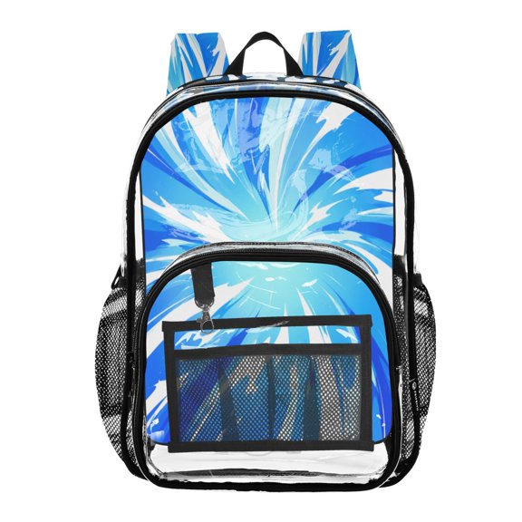 Clear PVC Backpack 12L Transparent Shoulder Bag with Mesh Pockets Blue Swirl Motion