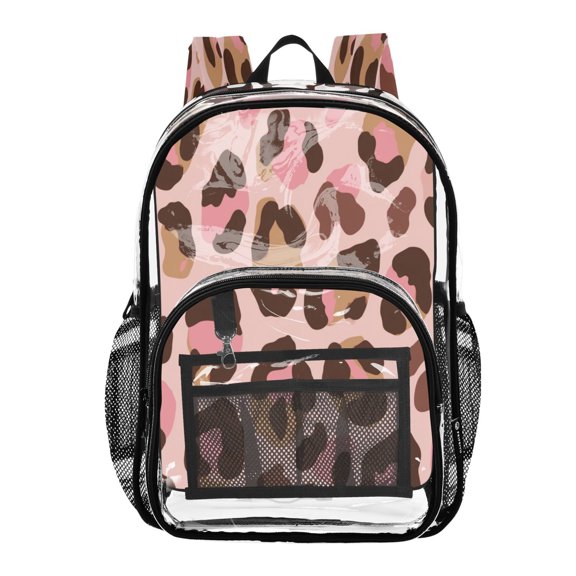 Clear PVC Backpack 12L Transparent Shoulder Bag with Mesh Pockets Blush Pink Brown Cheetah Print