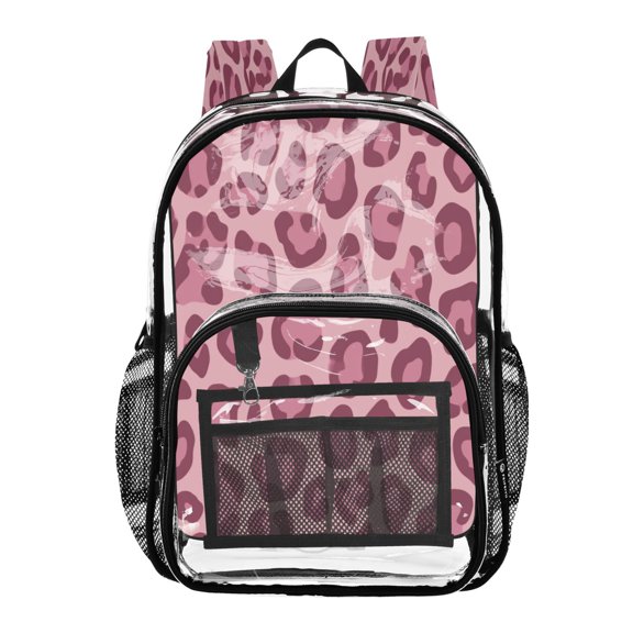 Clear PVC Backpack 12L Transparent Shoulder Bag with Mesh Pockets Blush Pink Cheetah Print Pattern