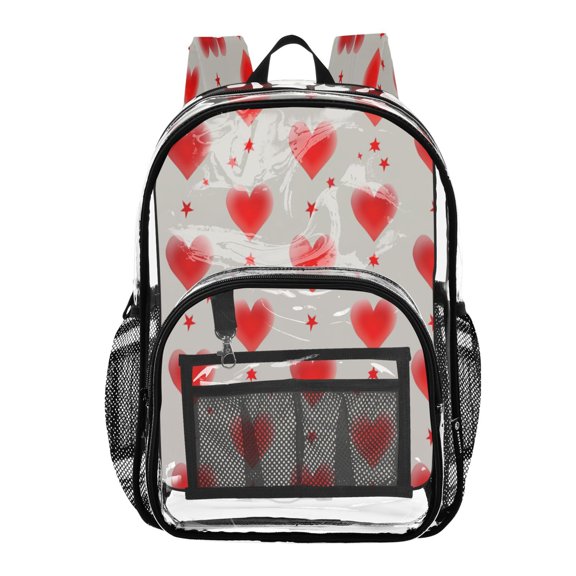 Clear PVC Backpack 12L Transparent Shoulder Bag with Mesh Pockets Blush Red Love Design
