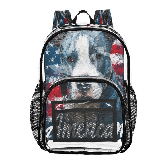 Clear PVC Backpack 12L Transparent Shoulder Bag with Mesh Pockets Bold Patriotic Pit Bull Print