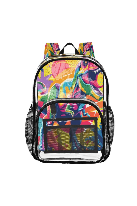 Clear PVC Backpack 12L Transparent Shoulder Bag with Mesh Pockets Bold Tropical Dino Design