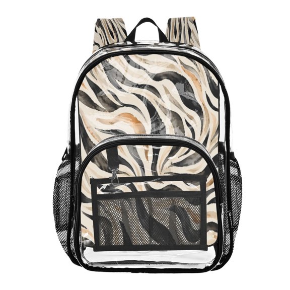 Clear PVC Backpack 12L Transparent Shoulder Bag with Mesh Pockets Brown Motion Wave Pattern