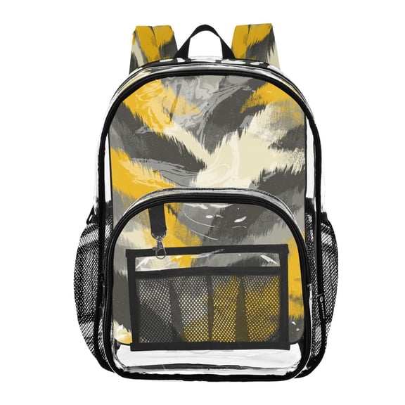 Clear PVC Backpack 12L Transparent Shoulder Bag with Mesh Pockets Brushstroke Yellow Grey Camo Print